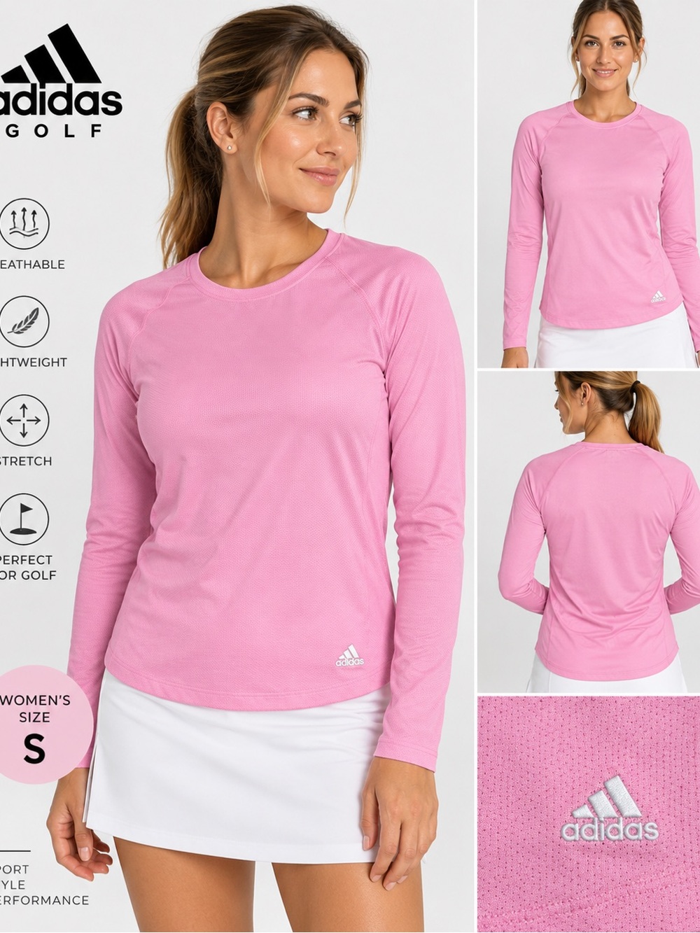 adidas Golf Pink Long Sleeve Mesh Performance Top Size S